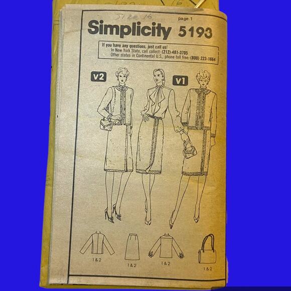 Simplicity 5193 Adolfo Pattern Skirt Top Bag Jacket Miss 16 Uncut Slim Fit Lined - Picture 2 of 6